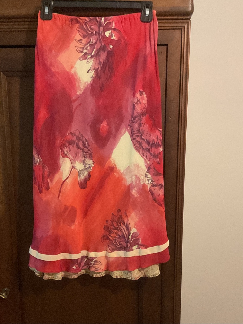 Women's Red Floral Midi Skirt - Flowing Printed Skirt